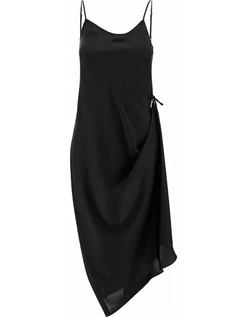 Low Classic Black Midi Slip Dress With Drawstring In Light-weight Fabric Woman