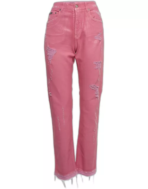 Dolce & Gabbana Pink Distressed Denim Straight Fit Jeans S Waist 27''