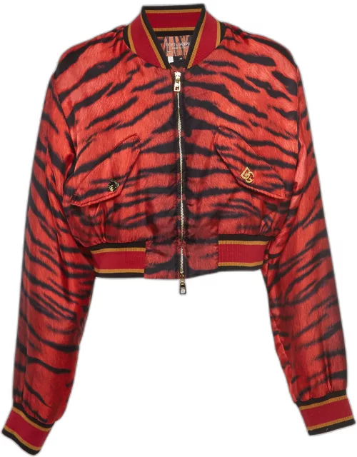 Dolce & Gabbana Red Tiger Print Silk Cropped Bomber Jacket