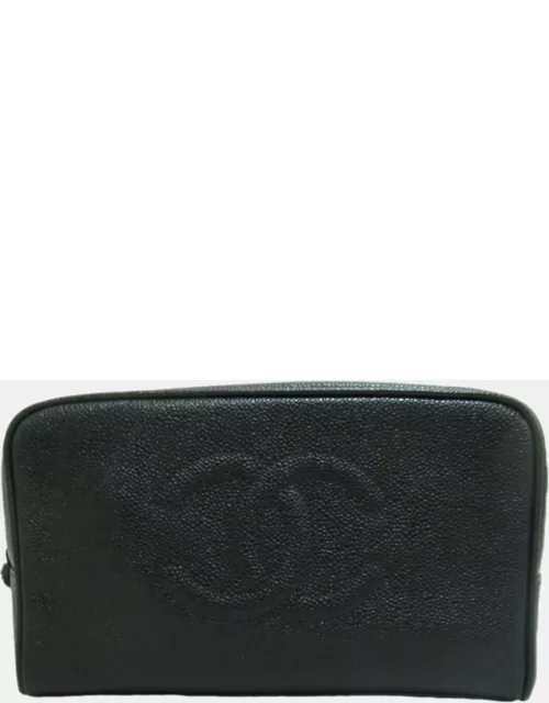 Chanel Black Leather CC Caviar Clutch Vanity Bag