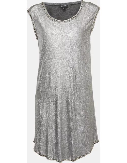 Just Cavalli Metallic Silver Lamé Jersey Metal Embellished Mini Dress