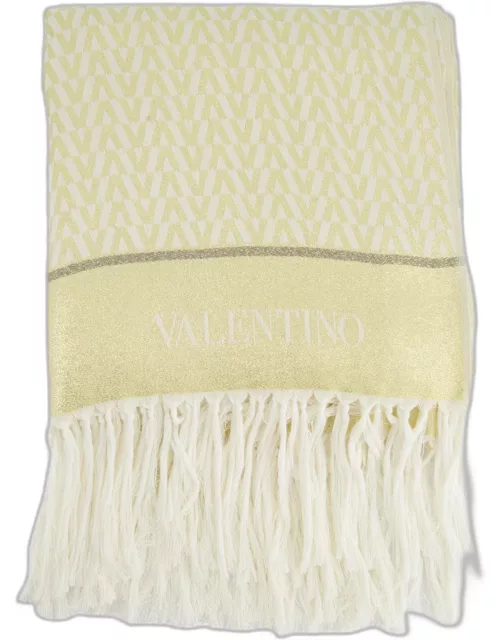 Valentino Ivory and Gold Logo Print Scarf