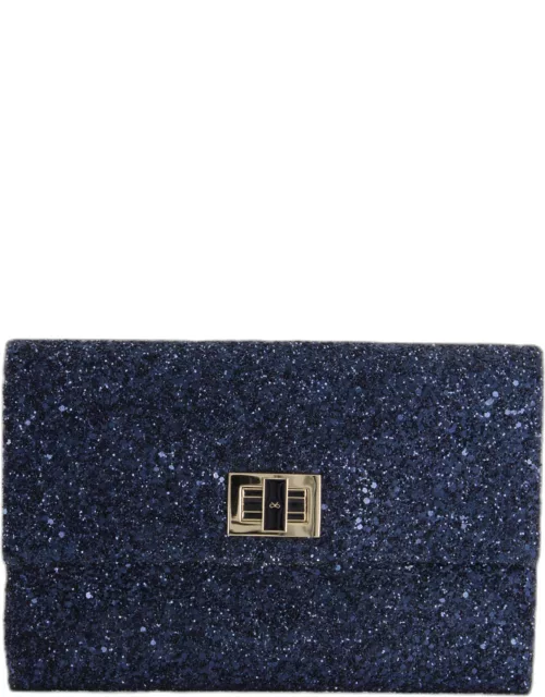 Anya Hindmarch Blue Glitter Clutch Champagne Gold Hardware and Logo Clasp