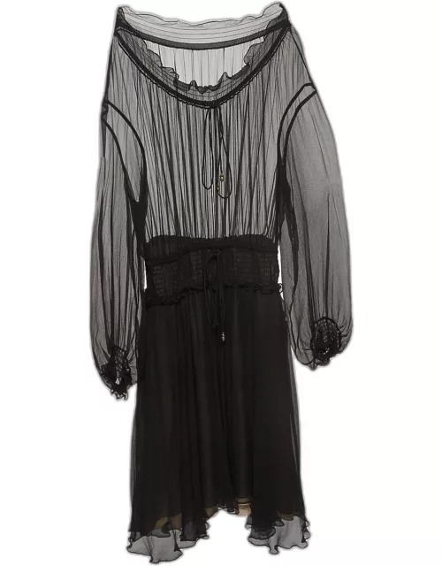 Chloe Black Crinkle Silk Tie-Up Detail Ruffled Midi Dress