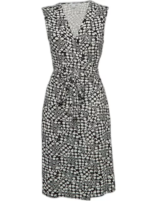 Diane Von Furstenberg Black/White Geometric Print Jersey Midi Wrap Dress