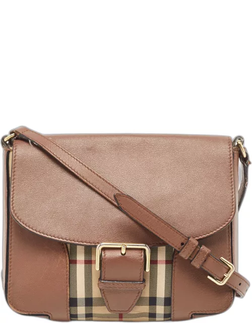 Burberry Brown/Beige Haymarket Check Canvas and Leather Small Dickens Crossbody Bag