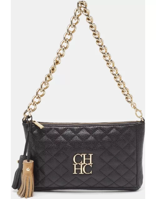 Carolina Herrera Black Quilted Leather Chain Tassel Baguette Bag