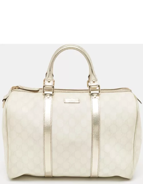 Gucci Off White/Gold GG Supreme Canvas and Glossy Leather Medium Joy Boston Bag