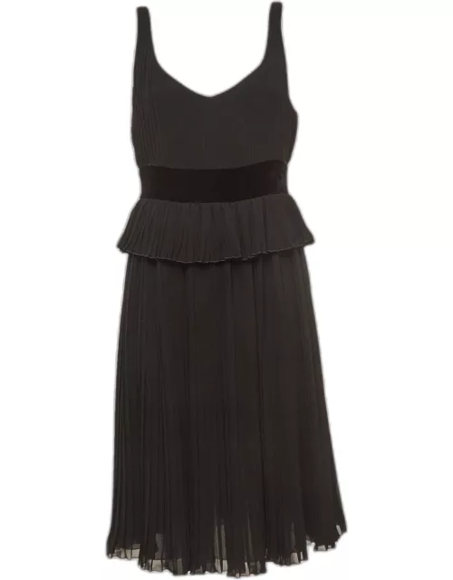 Emporio Armani Black Velvet Trim Crepe Pleated Midi Dress