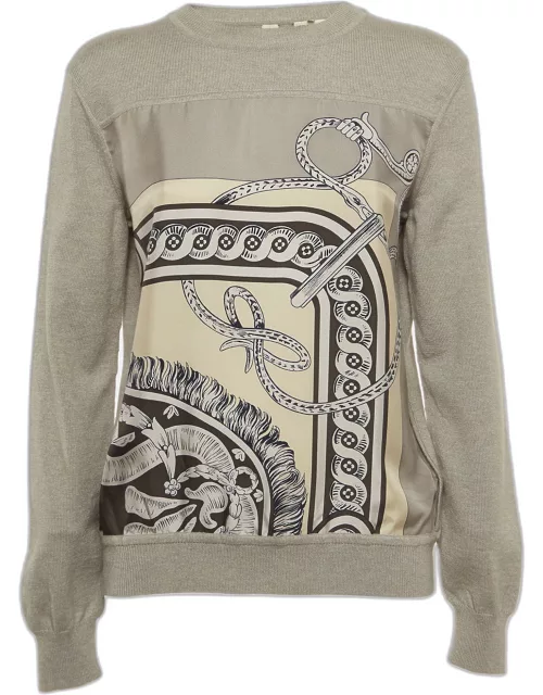 Hermes Grey Printed Silk and Cashmere Crew Neck Sweatshirt