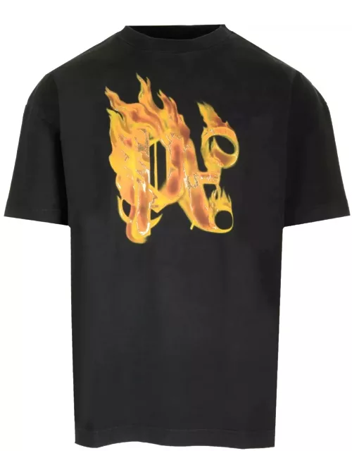 Palm Angels T-shirt With Burining Monogram On The Front