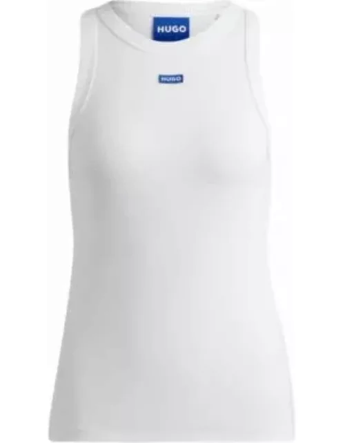 Stretch-cotton slim-fit top with blue logo badge- White Women's Casual Top