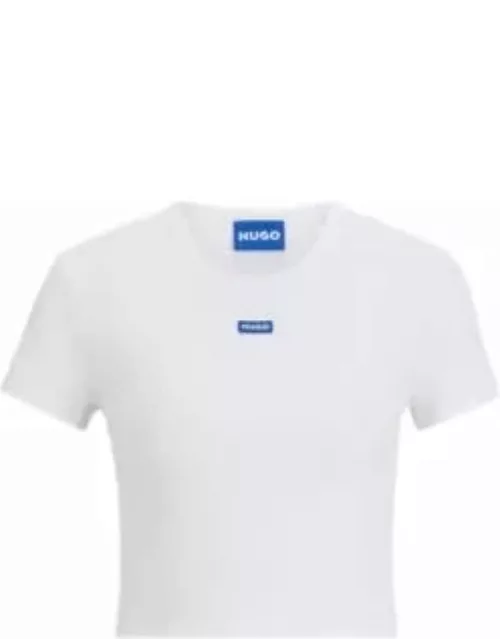 Stretch-cotton slim-fit T-shirt with blue logo label- White Women's T-Shirt