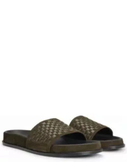 Mixed-leather slides with woven upper strap- Dark Green Men's Sandal