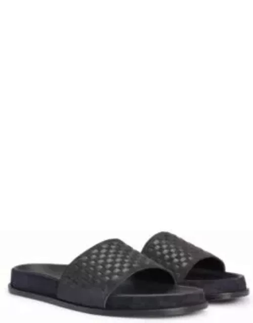 Mixed-leather slides with woven upper strap- Dark Blue Men's Sandal