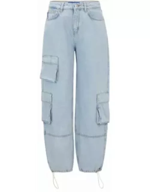 Loose-fit cargo jeans in aqua cotton denim- Turquoise Women's Jean