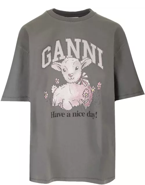 Ganni Grey T-shirt With Little Lamb