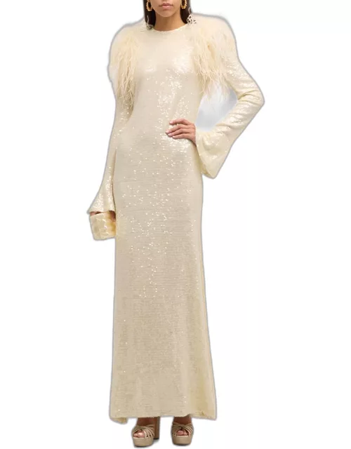 Feather-Shoulder Flare-Sleeve Sequin Viscose Maxi Dres
