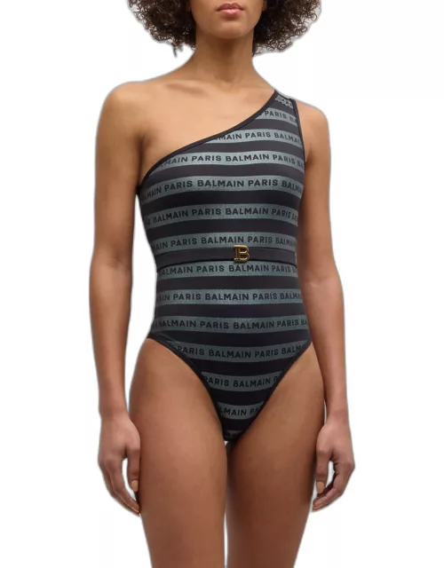 Striped Logo One-Shoulder One-Piece Swimsuit