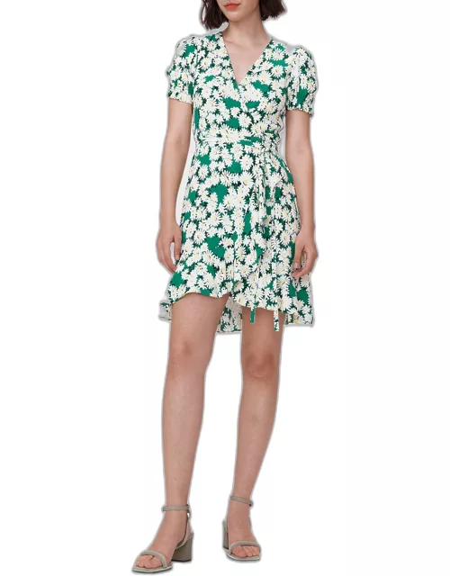 Emilia Floral-Print Puff-Sleeve Mini Wrap Dres