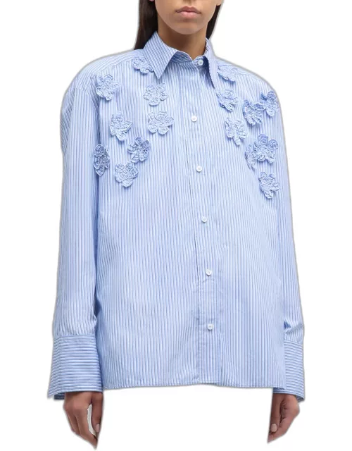 Lyn Striped Button-Front Shirt with Floral Detail