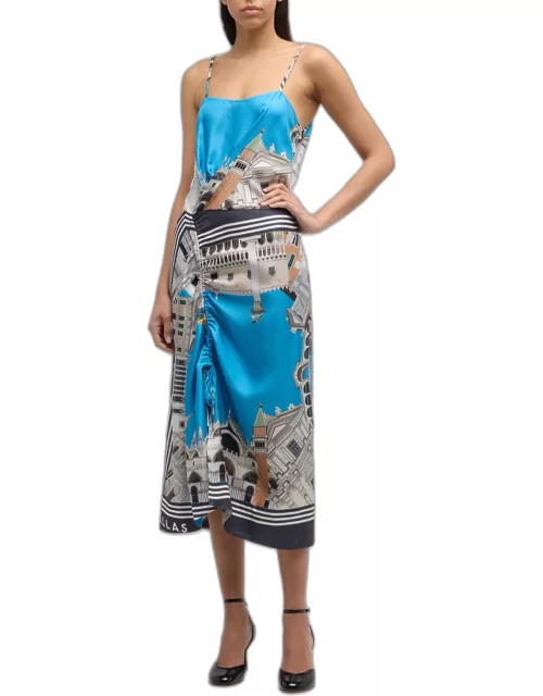 Angie City Printed Silk Midi Dress with Ruched Front