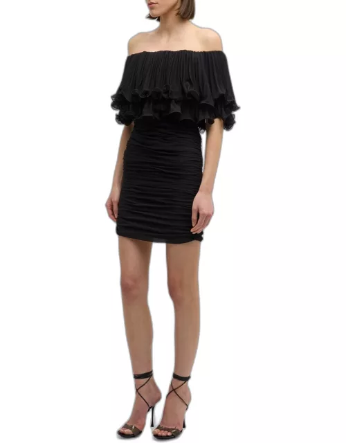 Milan Ruched Off-Shoulder Ruffle Mini Dres