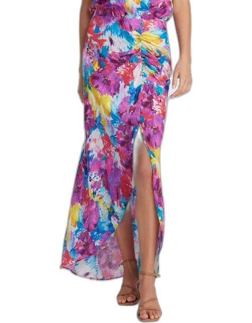 Tatum Side-Slit Mosaic Floral-Print Maxi Skirt