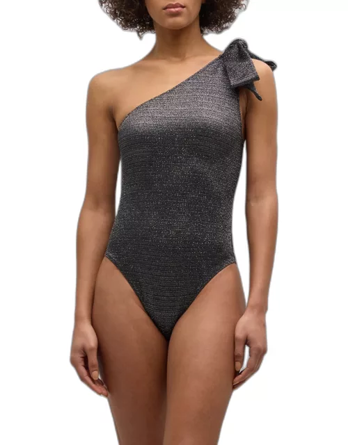 Metallic One-Shoulder Bow One-Piece Swimsuit