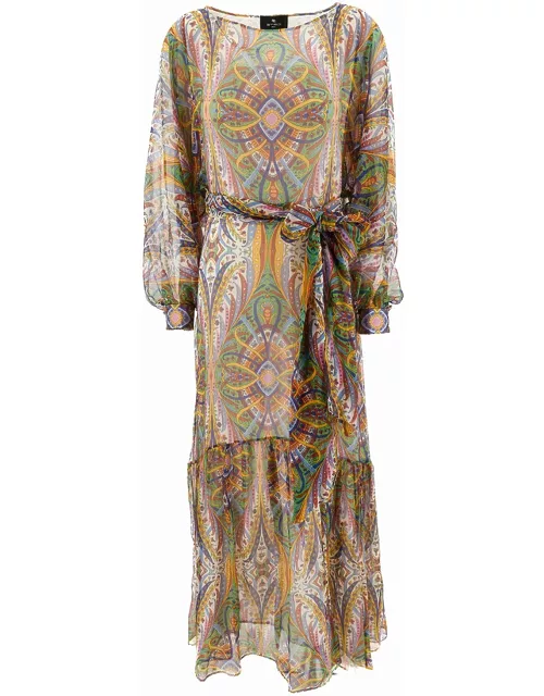 Etro Maxi Multicolor Dress With All-over Print And Belt In Silk Woman