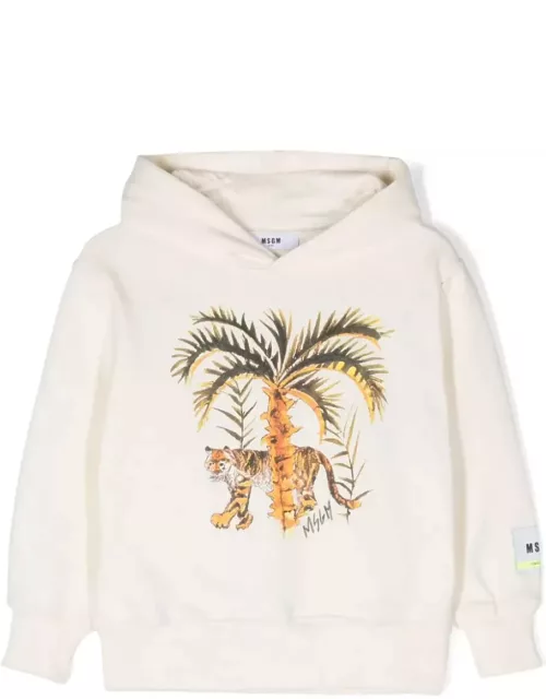MSGM White Hoodie With Tiger Print