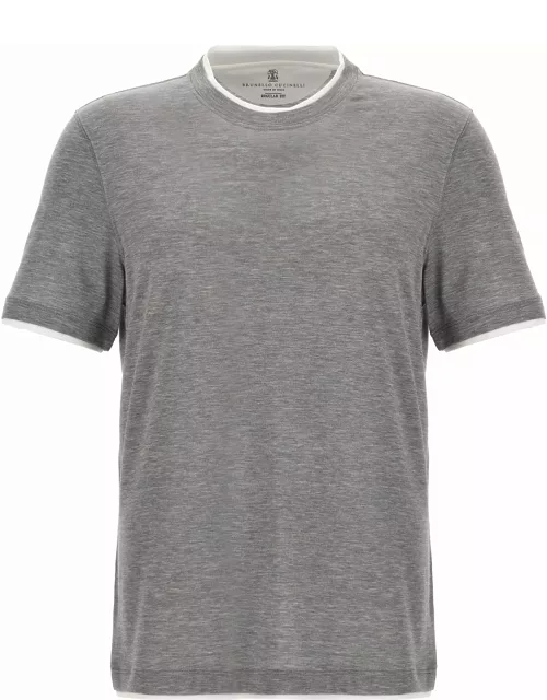 Brunello Cucinelli Cotton Blend Silk Crew Neck T-shirt With Contrast Double Layer
