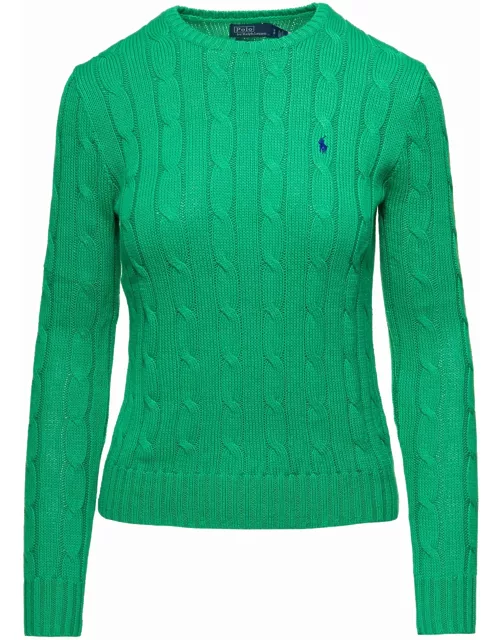 Ralph Lauren juliana Green Cable Knit Pullover With Contrasting Embroidered Logo In Cotton Woman
