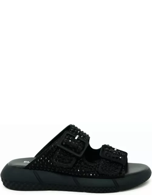 Elena Iachi Black Leather Flat Sandals With Swarovsky