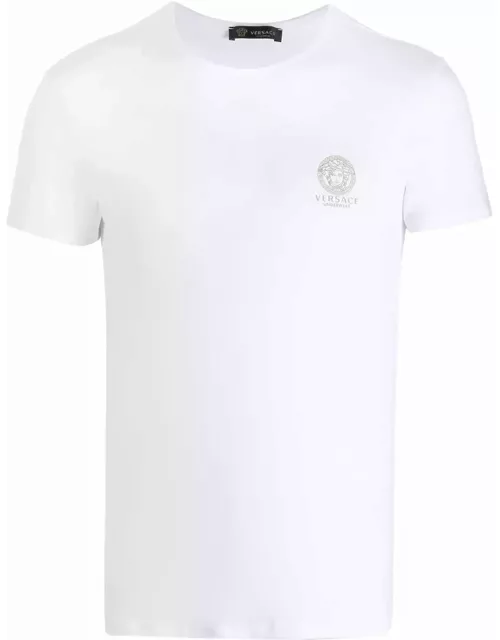 Versace White T-shirt In Stretch Jersey With Medusa Logo Crest Versce Man