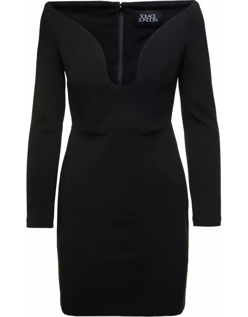 Solace London Black Uma Mini Dress With Long Sleeves And U-neck In Polyester Woman