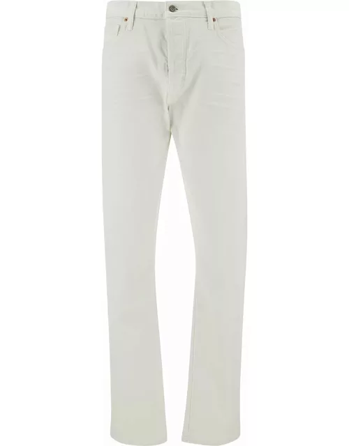 Tom Ford White Slim Five-pocket Style Jeans With Branded Button In Stretch Cotton Denim Man