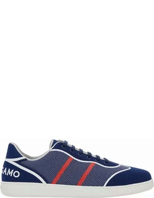 Ferragamo Blue Low Top Sneakers With Logo And Embroidery In Tech Fabric Man