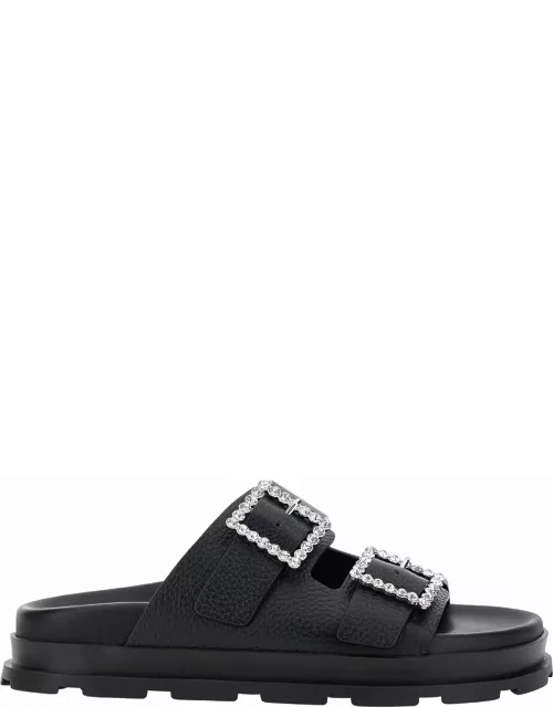 Pollini Black Sandals With Rhinestone Buckle In Hammered Leather Woman