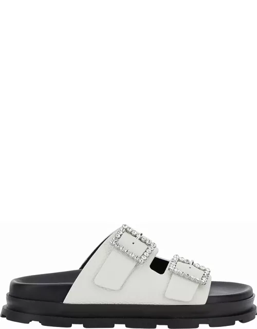 Pollini White Sandals With Rhinestone Buckle In Hammered Leather Woman