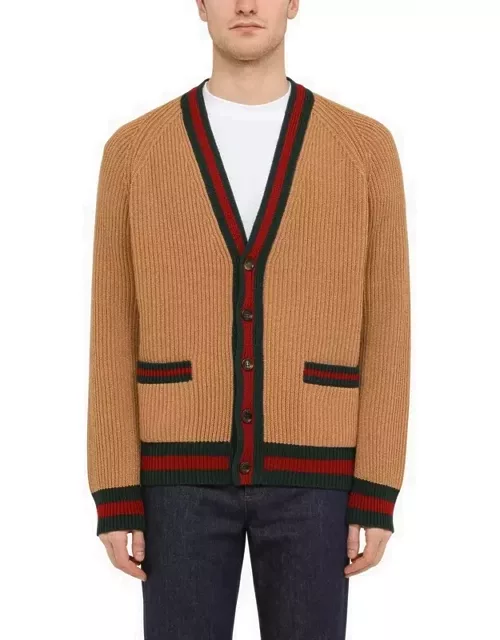 Camel-coloured wool cardigan with Web ribbon