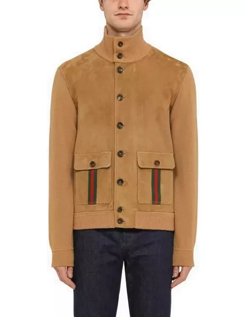 Camel-coloured suede and wool bomber jacket