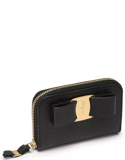 Vara black leather zip-around wallet with bow