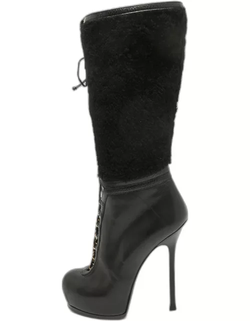 Yves Saint Laurent Black Leather and Wool Platform Mid Calf Boot