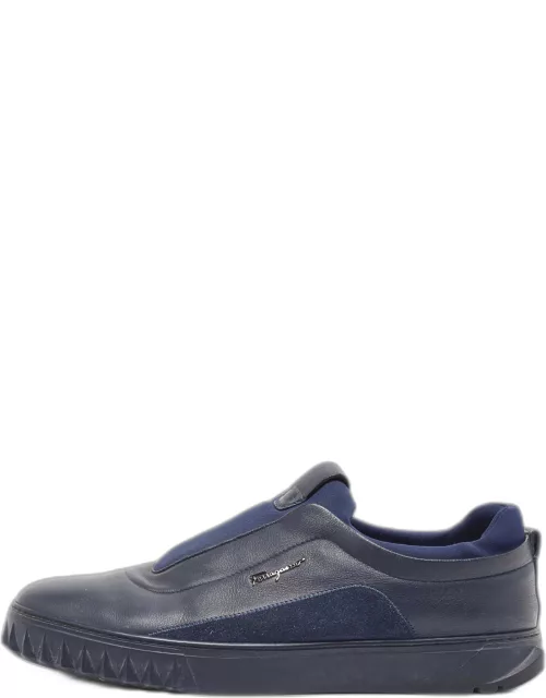 Salvatore Ferragamo Navy Blue Leather and Suede Slip On Sneaker