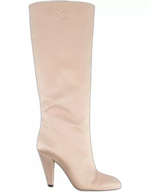 Fendi Blush Pink Satin Knee High Boots with Embroidered FF Logo