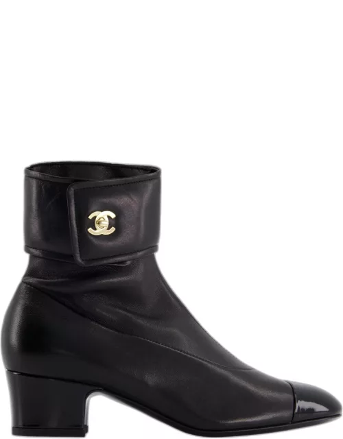 Chanel Black Leather Ankle Boots with Patent Toe and Champagne Gold CC Logo Detai