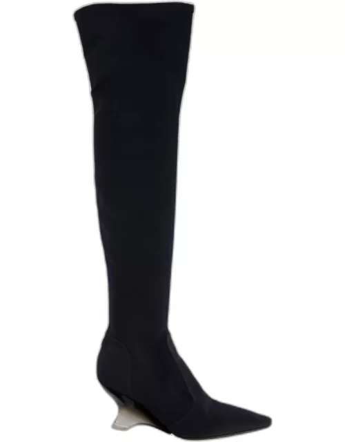Christian Dior Navy Over-the-Knee Canvas Boots with PVC Heel Detai
