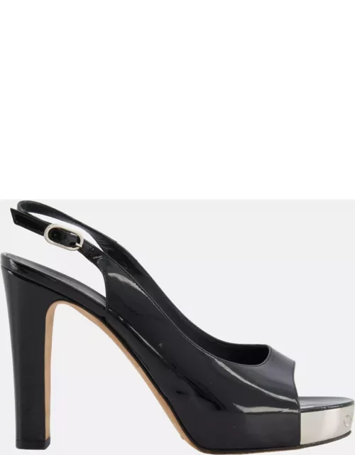 Chanel Black Patent Leather Pumps with Silver Logo Detai