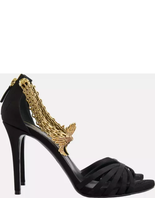 Roberto Cavalli Black Sandal Heels with Crystal Gold Ankle-Strap Detail